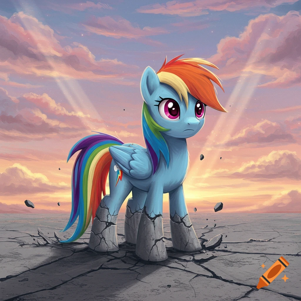 A blue pegasus pony, Rainbow Dash from My Little Pony, stands sadly with her legs encased in breaking cement on cracked ground, under a dramatic orange and purple sunset sky.