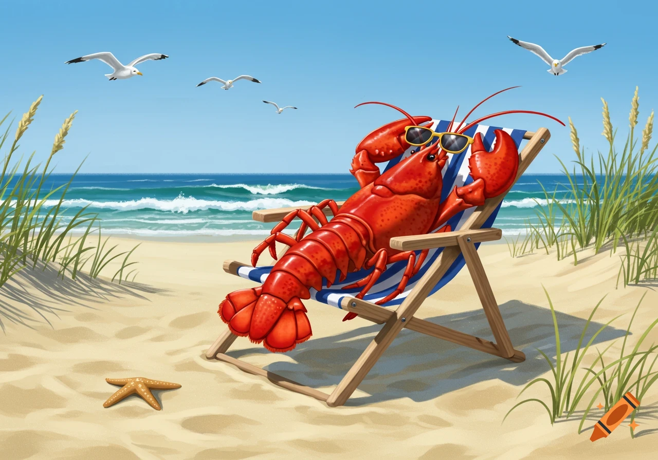 A cartoon lobster with sunglasses relaxes on a striped beach chair on a sandy beach, with seagulls flying over the ocean.