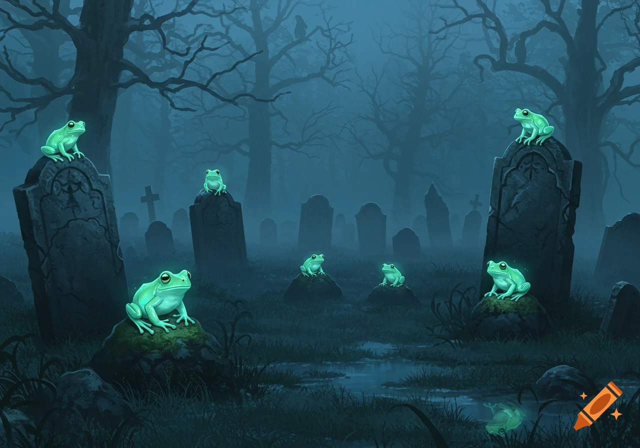Glowing green frogs in a foggy, spooky graveyard at night, with bare trees and tombstones.