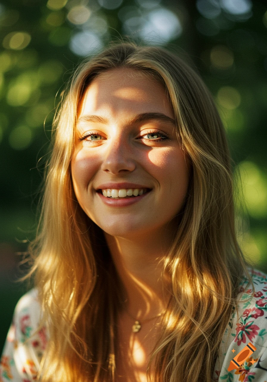 Photorealistic close-up portrait of a smiling young woman with blonde hair and turquoise eyes, lit by sunlight.