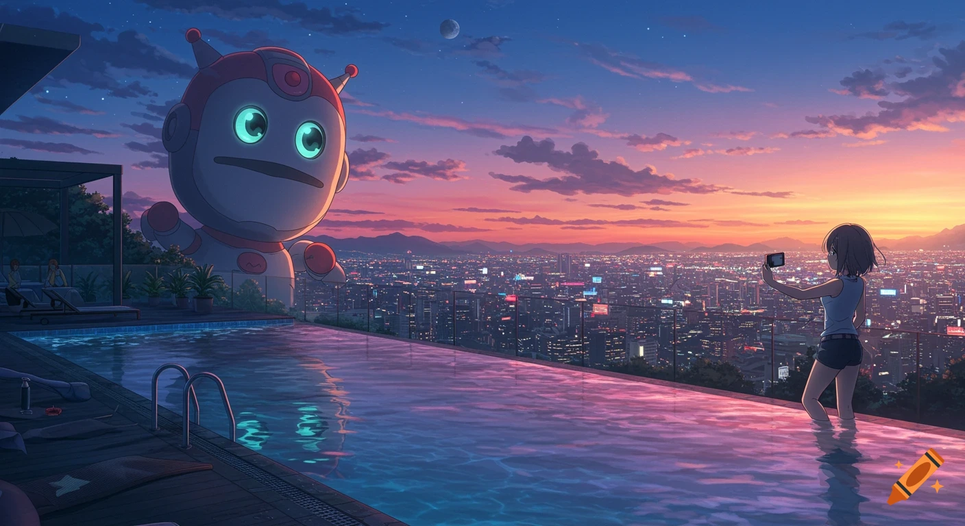 Anime style. Woman taking a selfie in an infinity pool overlooking a city at sunset, with a giant cute robot in the background.