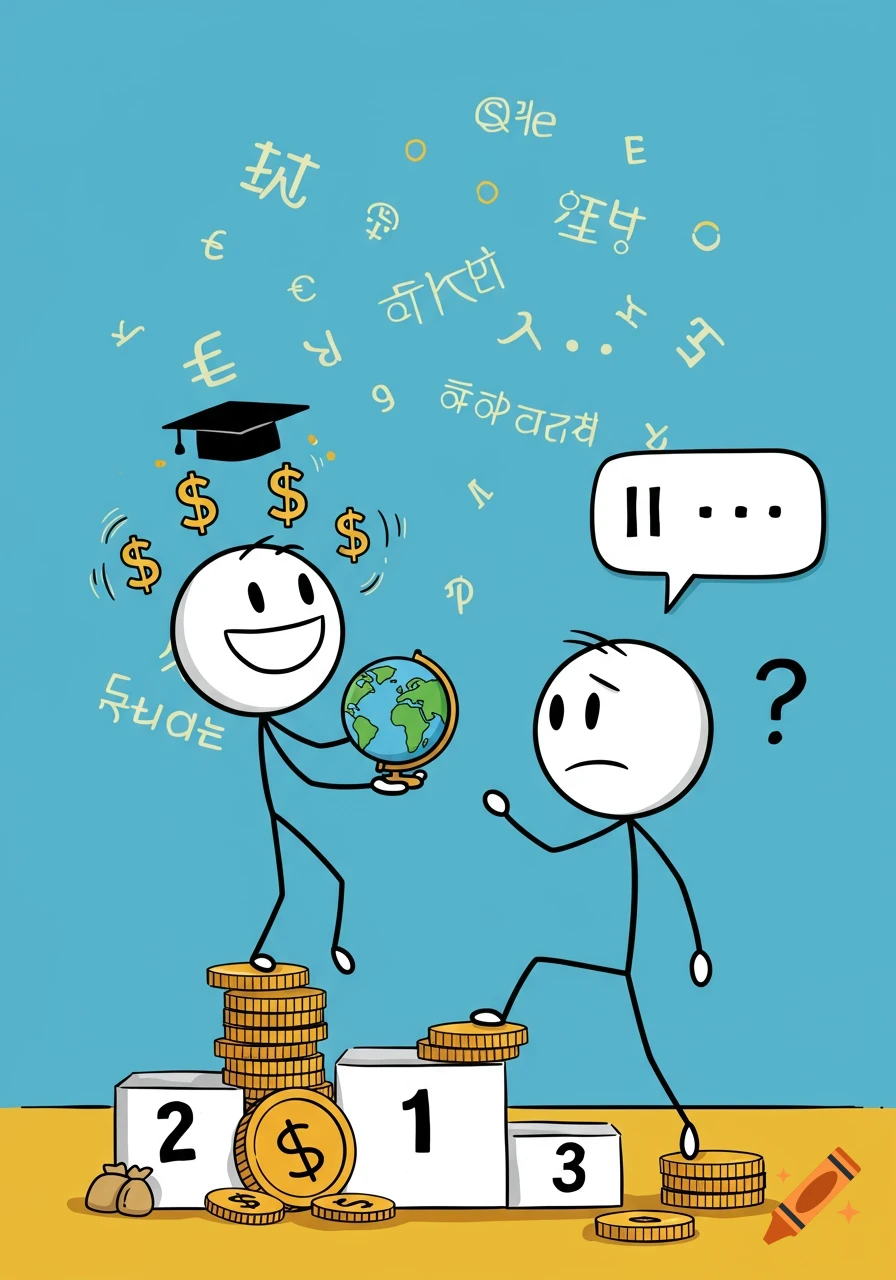 A cartoon illustration of stick figures. One stick figure, wearing a graduation cap and surrounded by dollar signs, stands on a tall stack of coins. He holds a globe, smiling at another stick figure who looks confused and stands on a lower step of a podium labeled '1'. Numbers '2' and '3' are visible on other podium steps, with more coins around. Various stylized foreign characters float in the blue background.