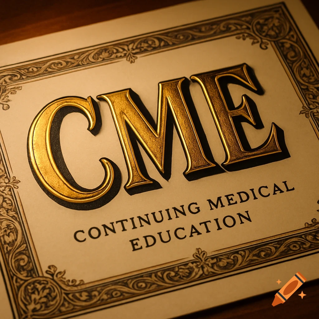 A close-up of a diploma with ornate border, featuring large golden embossed 'CME' and 'Continuing Medical Education' text.