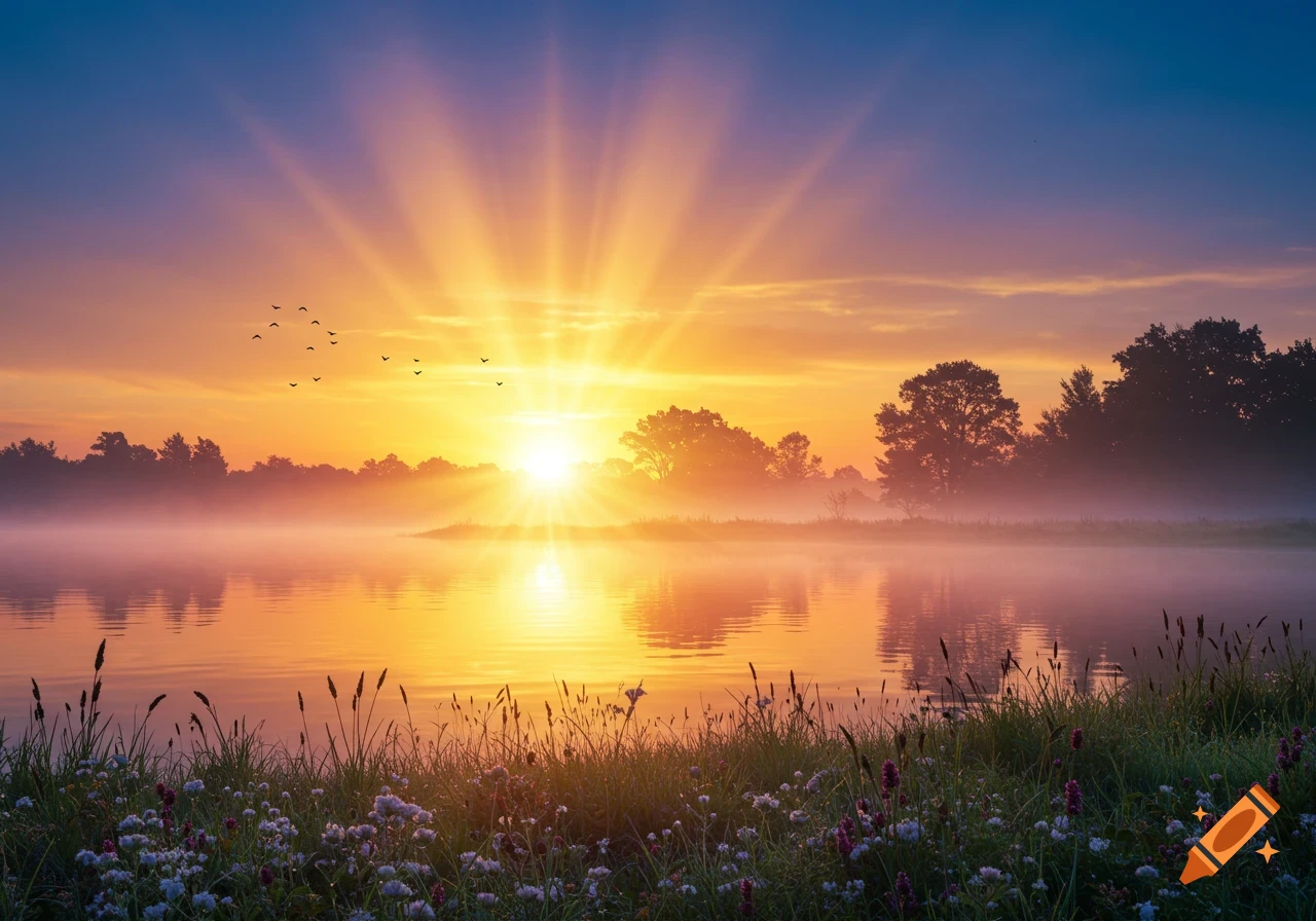 A vibrant sunrise casts golden light and rays across a misty lake, with silhouetted trees and flowering grasses along the shore.