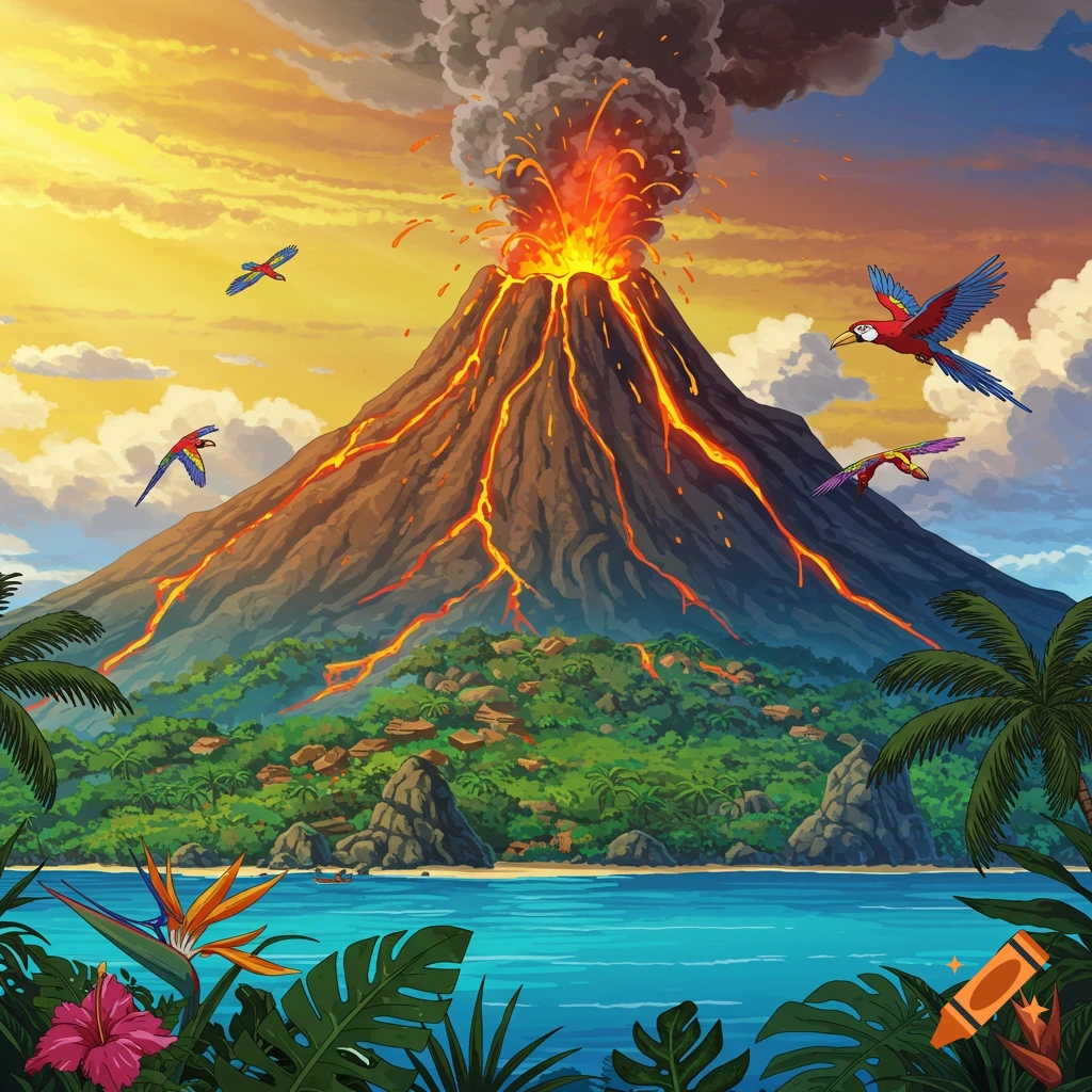 Anime-style illustration of an erupting volcano on a tropical island with lava flowing, surrounded by lush greenery, a sandy beach, and clear blue water. Colorful parrots fly under a vibrant sunset sky.