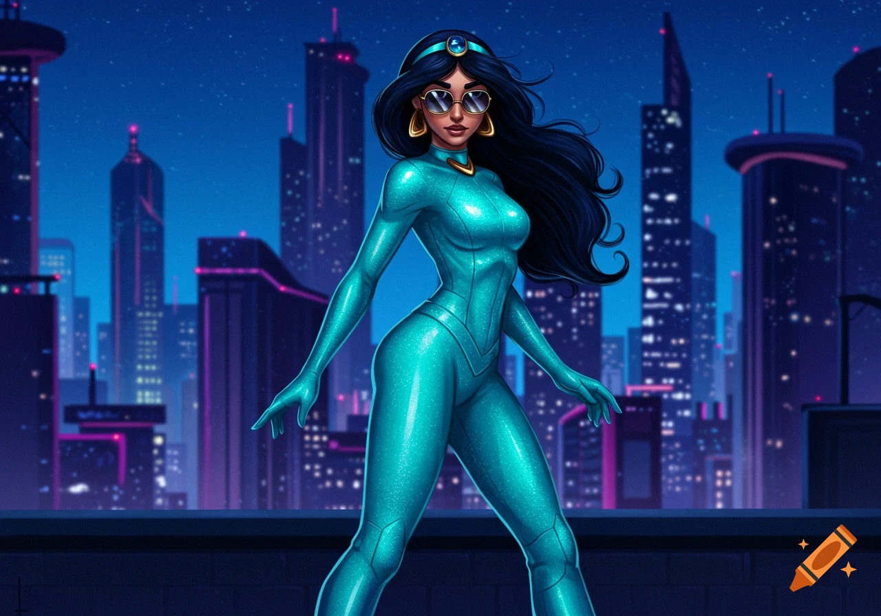 Princess Jasmine in a sparkling cyan athletic suit and sunglasses stands on a rooftop overlooking a futuristic city at night.