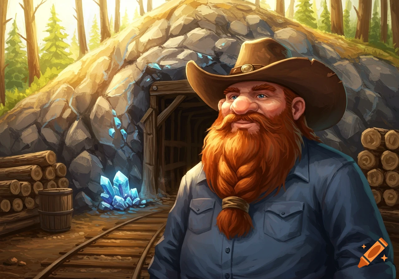 An illustrative portrait of a cheerful dwarven miner with a long braided red beard and a cowboy hat, standing near a mine entrance with glowing blue crystals.