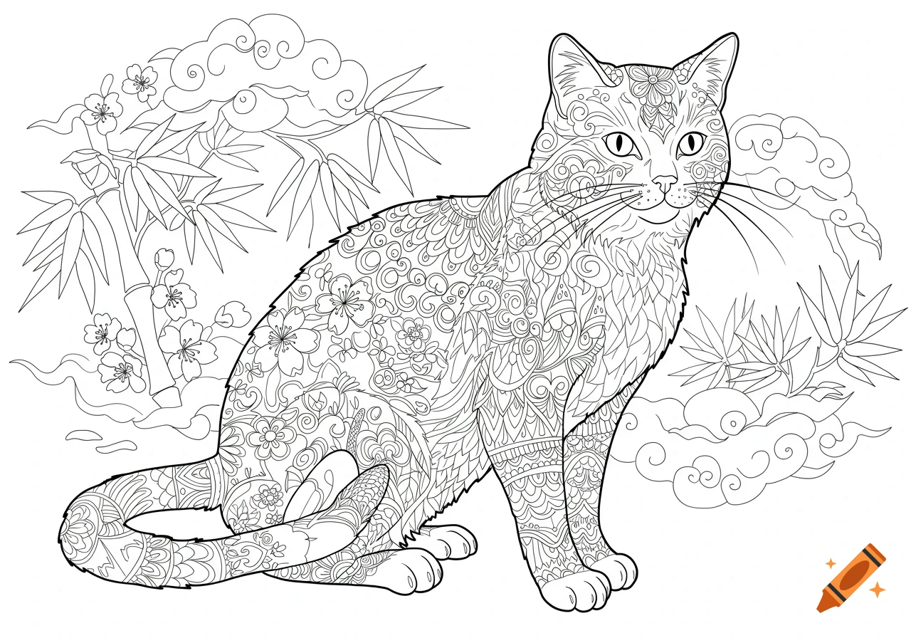 Black and white outline of an ornate cat with floral and swirl patterns, sitting among bamboo and stylized clouds, in a coloring book style.
