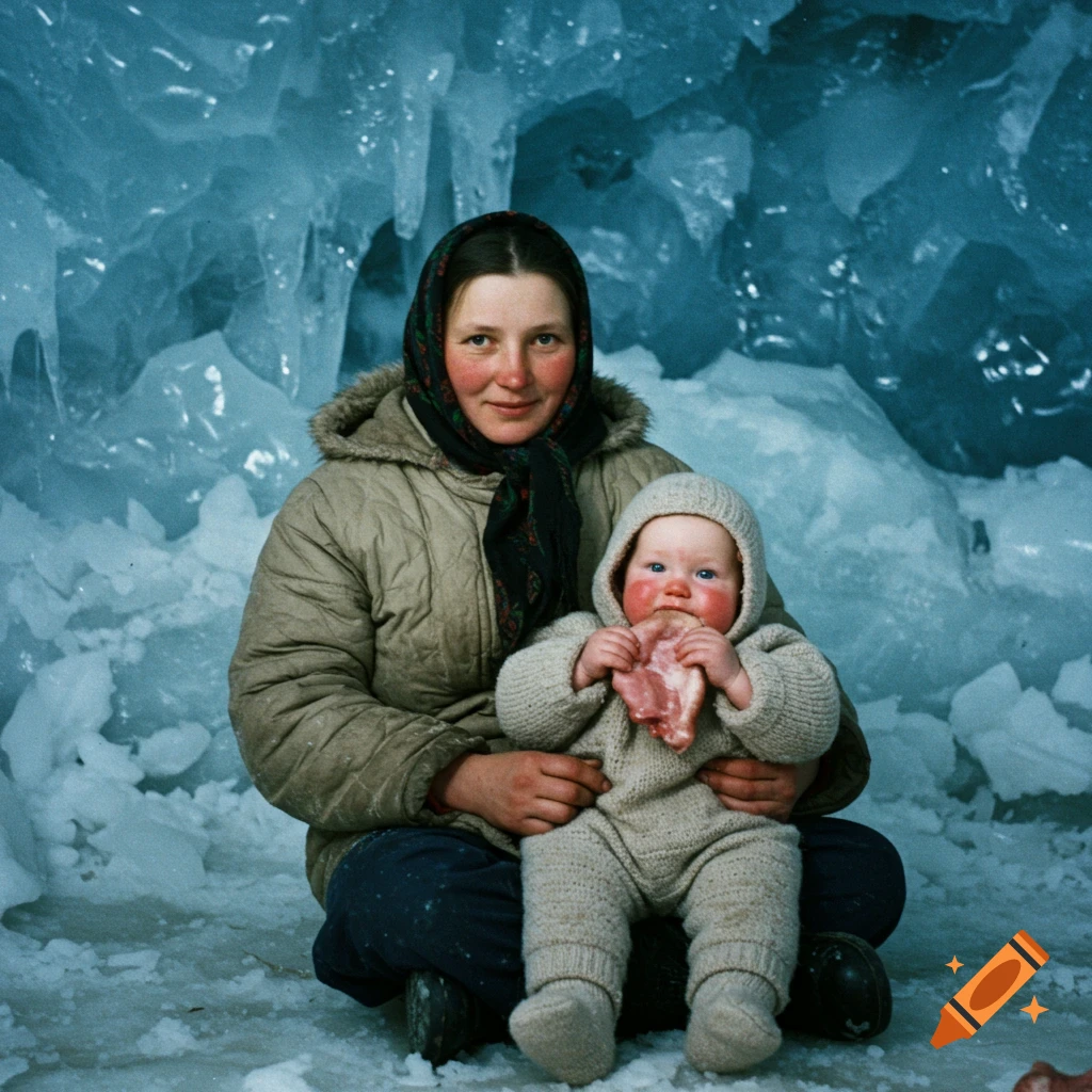 A woman in a headscarf and winter coat holds a baby in a knitted suit, sitting on ice in an ice cave. The baby is holding a piece of raw meat.