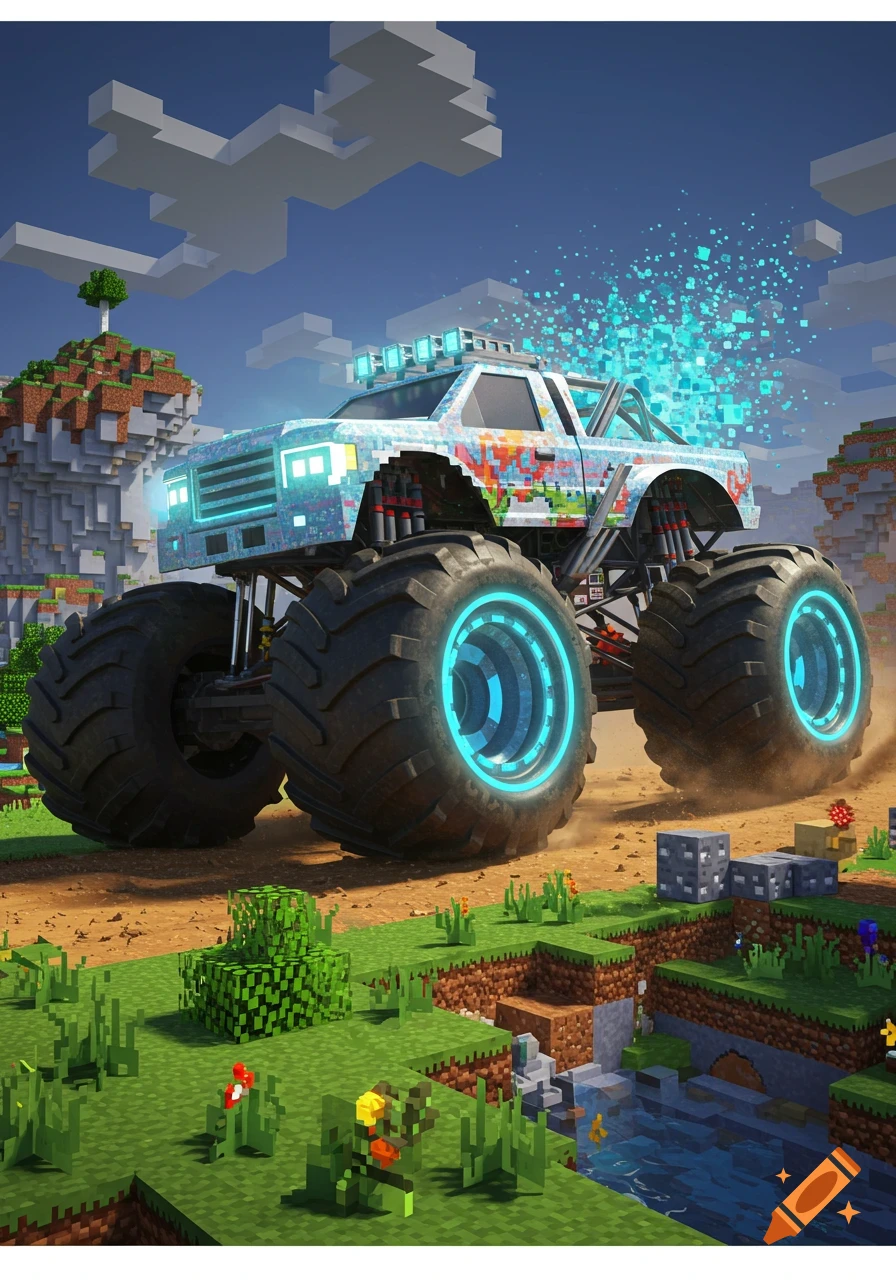 A glowing monster truck with a pixelated design drives through a blocky Minecraft-style landscape.