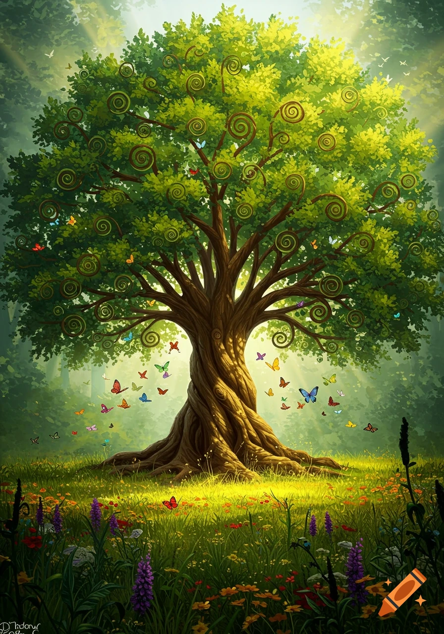 Vibrant 'Tree of Life' with green leaves featuring spiral patterns, surrounded by colorful butterflies in a sunlit forest.