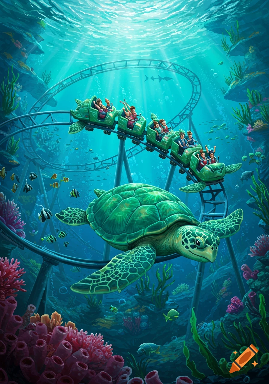 An illustrated underwater scene shows a giant sea turtle swimming beneath a rollercoaster with turtle-shaped cars carrying people.