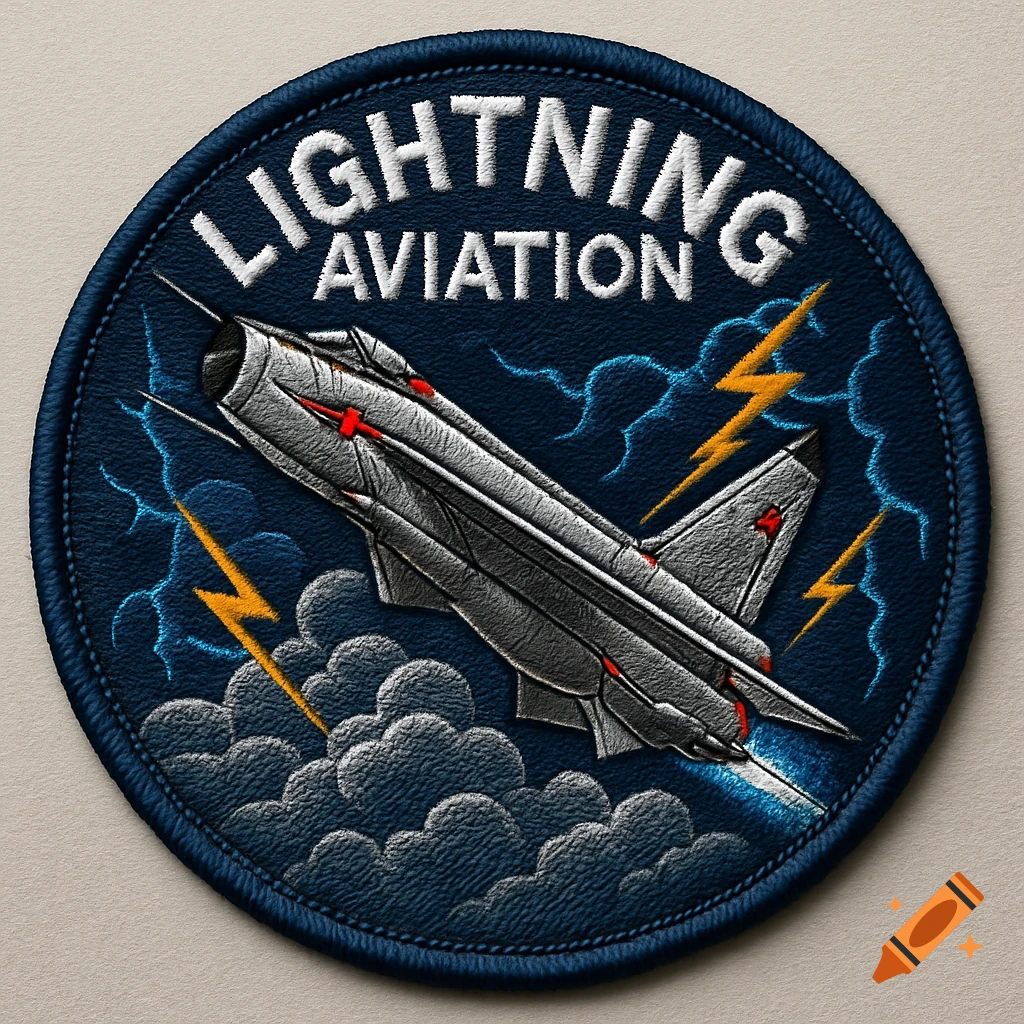 Circular embroidered patch featuring a grey jet flying through storm clouds with lightning and the words 'LIGHTNING AVIATION'.