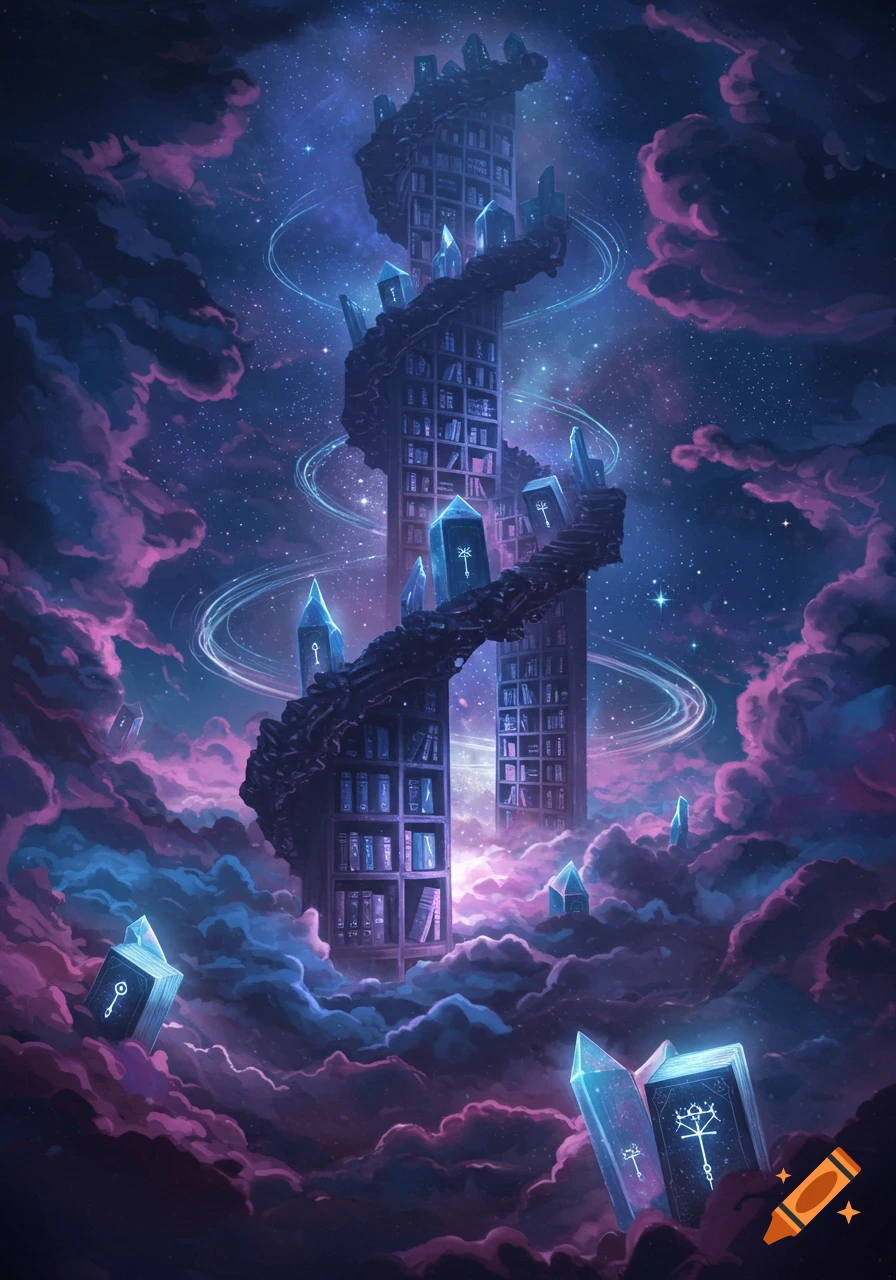 A tall, spiral library tower made of books and dark rock, adorned with glowing blue crystals, extends upwards into a vast, starry cosmic sky with swirling purple and blue nebulous clouds. Other glowing crystals and books float in the clouds around the tower.