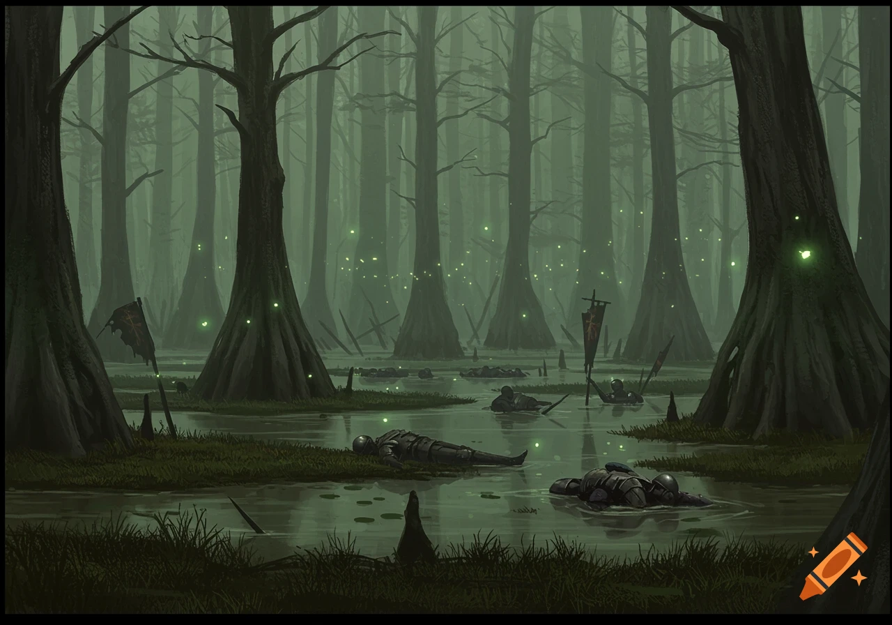 Dark fantasy illustration of fallen armored soldiers in a misty, green swamp with glowing insects.