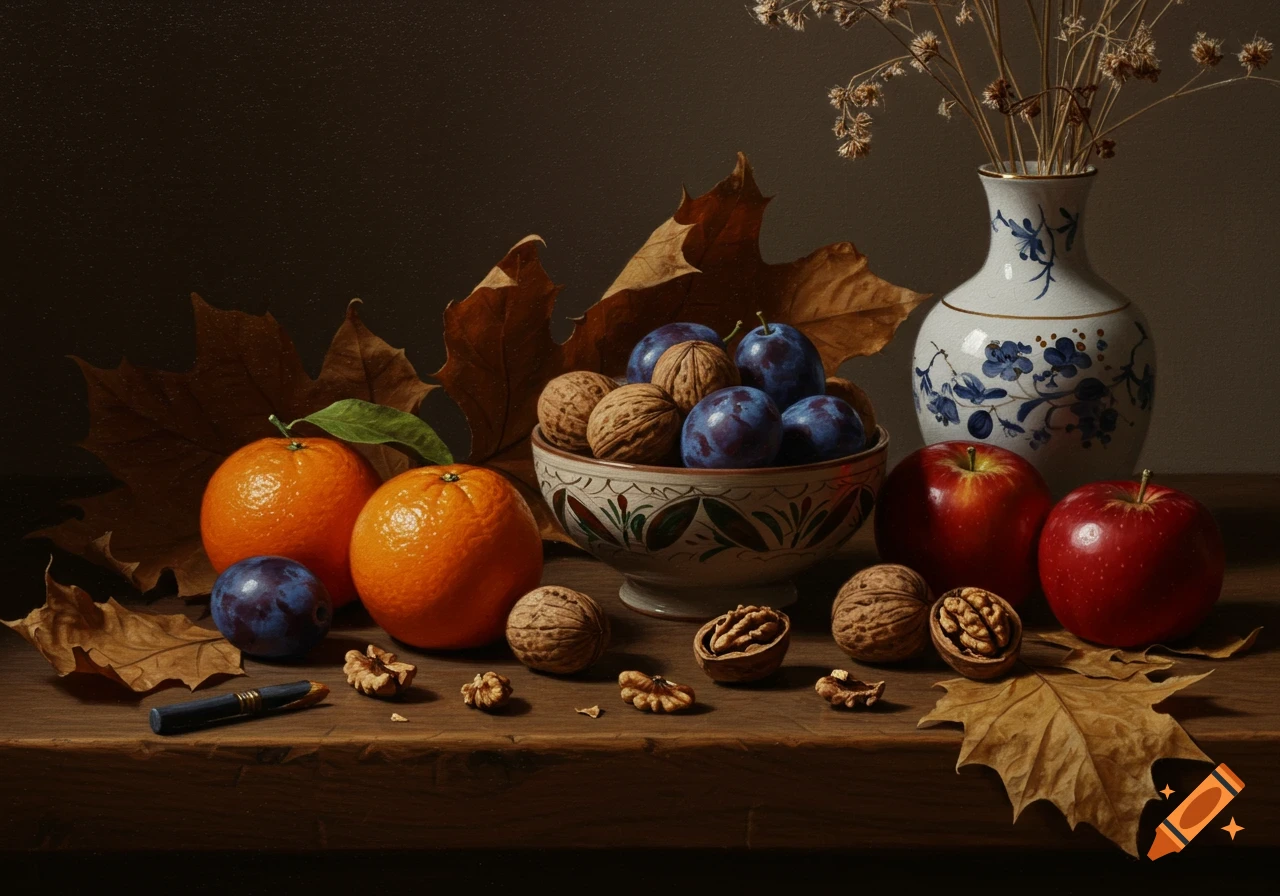 A still life painting of oranges, plums, walnuts, red apples, dried leaves, a decorative vase with dried flowers, and a pen on a wooden table.