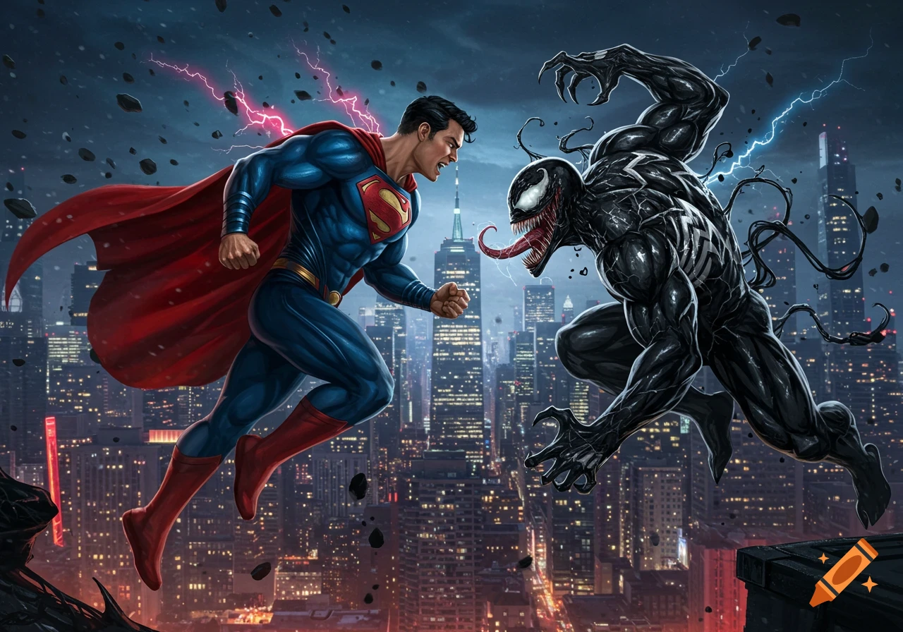 Superman and Venom confront each other over a city skyline with lightning and debris.