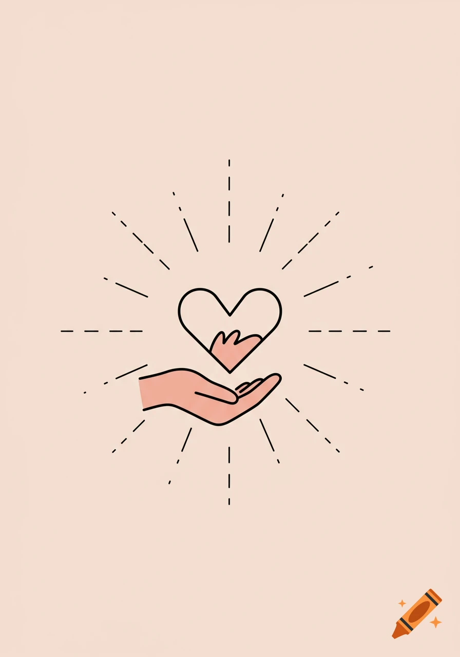 Minimalist line art illustration of a hand holding a heart with radiating lines on a light background.