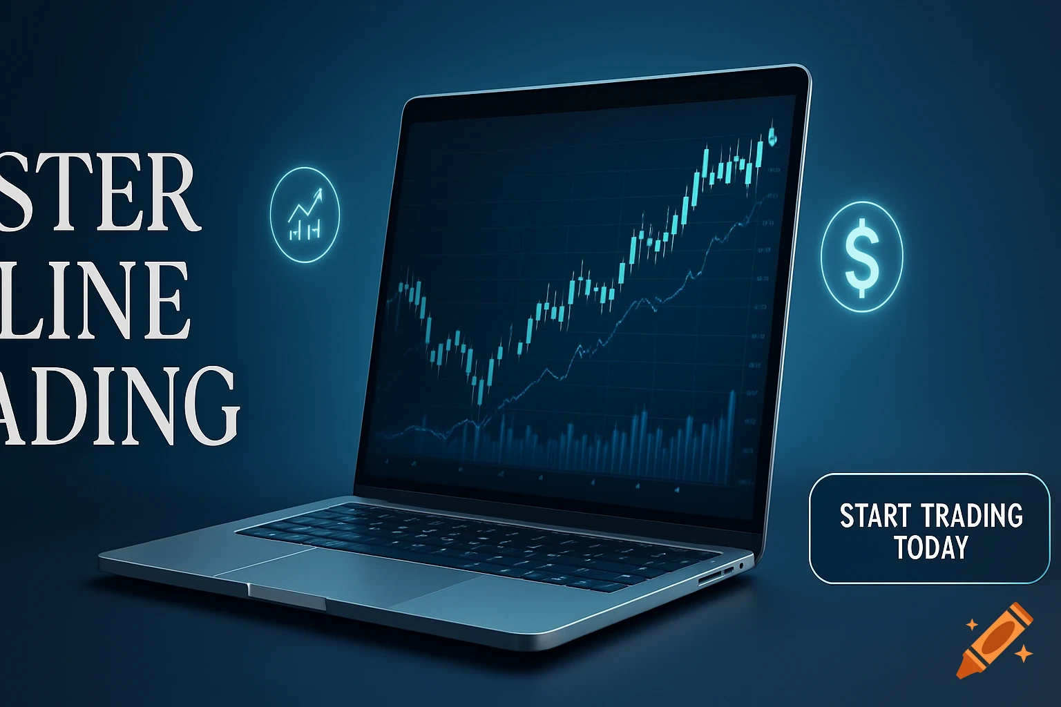 A laptop displaying a financial stock chart with partial text 'MASTER ONLINE TRADING' and a 'START TRADING TODAY' button on a dark blue background.