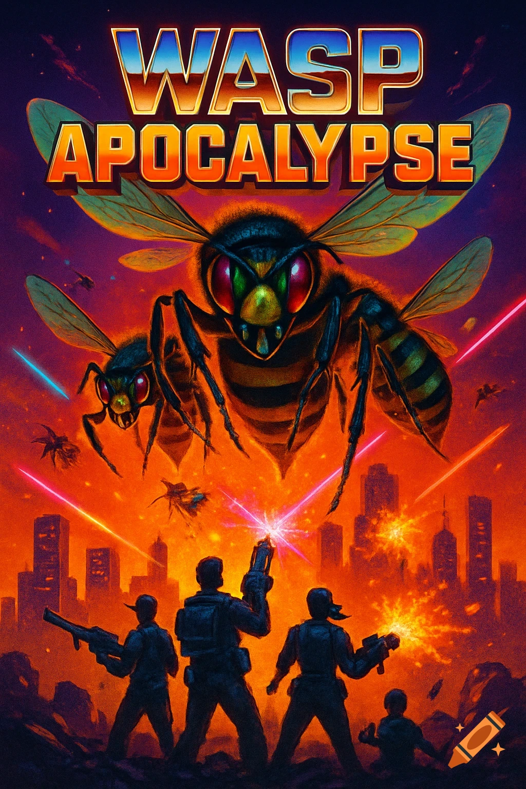 Retro arcade game poster titled 'Wasp Apocalypse,' depicting giant wasps attacking a city as humans fight back.