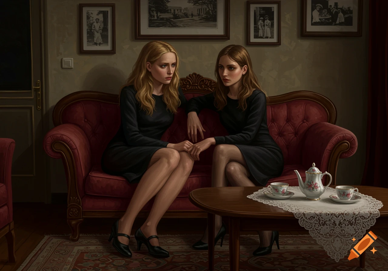 Two young women with serious expressions sit on a red velvet sofa in a dimly lit, elegant room with a tea set on a table.