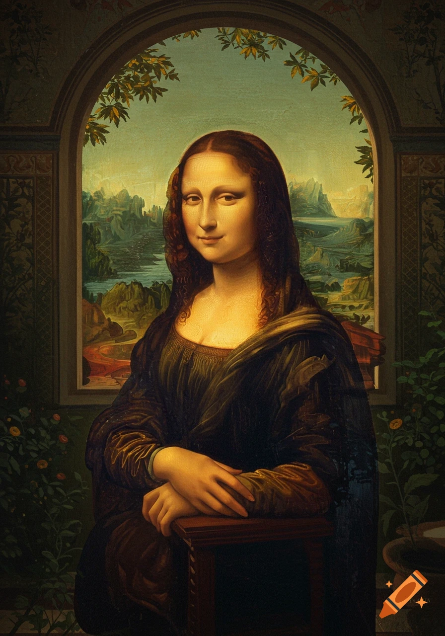 Iconic portrait of the Mona Lisa, a woman with a faint smile, seated before a distant landscape.