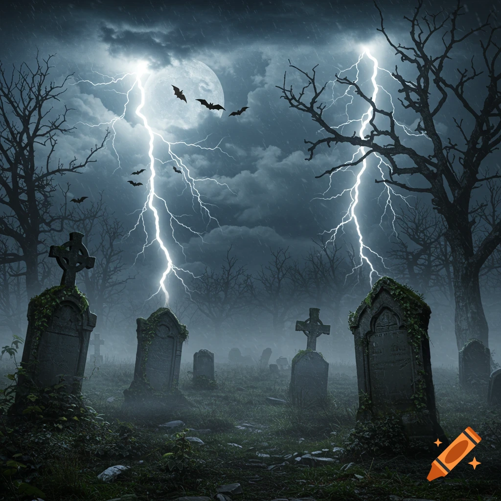 A spooky graveyard at night with lightning illuminating tombstones, barren trees, and bats flying under a full moon.