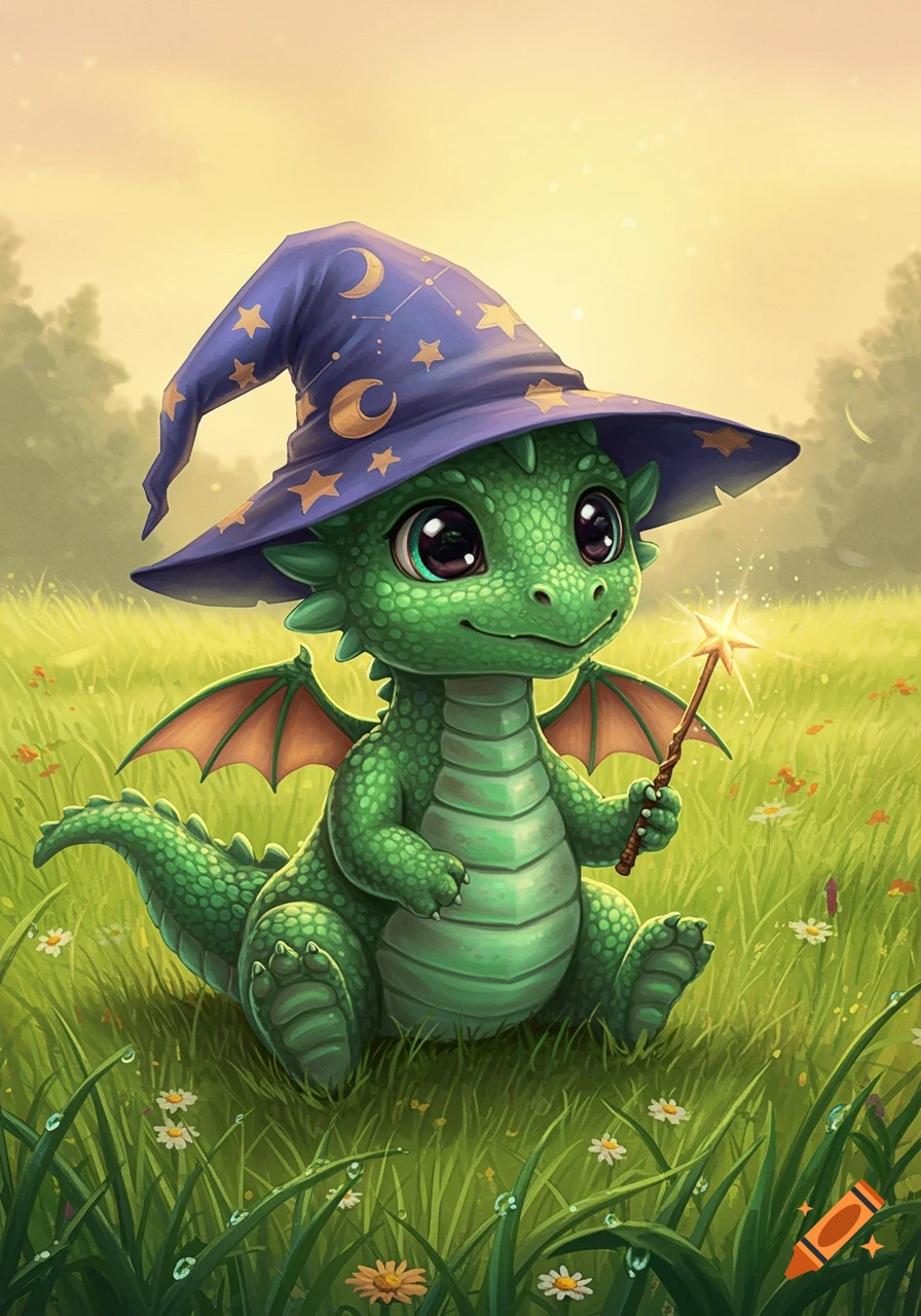 A cute green baby dragon wearing a purple wizard hat, holding a magic wand in a grassy field.