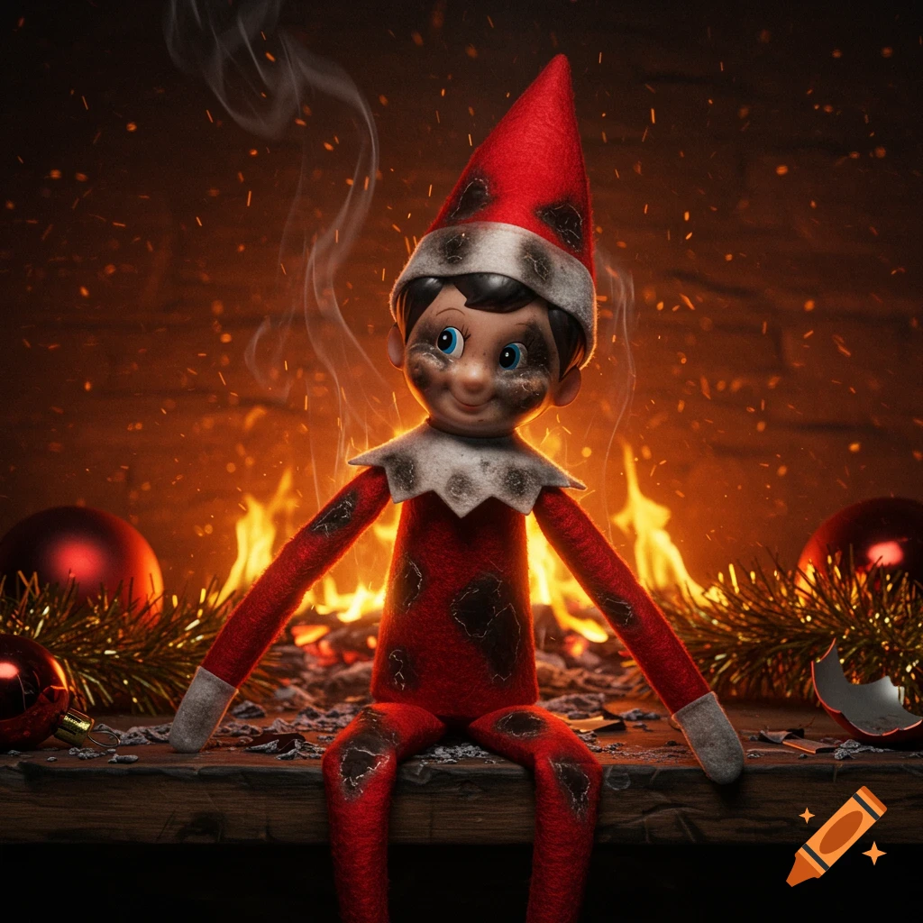 A photorealistic image of a burnt Elf on the Shelf doll sitting on a mantelpiece in front of a roaring fireplace with Christmas decorations.