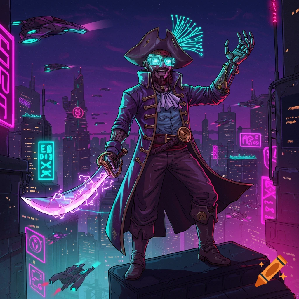 A cartoon cyberpunk pirate with glowing glasses and a robotic arm stands on a building rooftop, holding an electrified saber, against a neon-lit futuristic city at night.