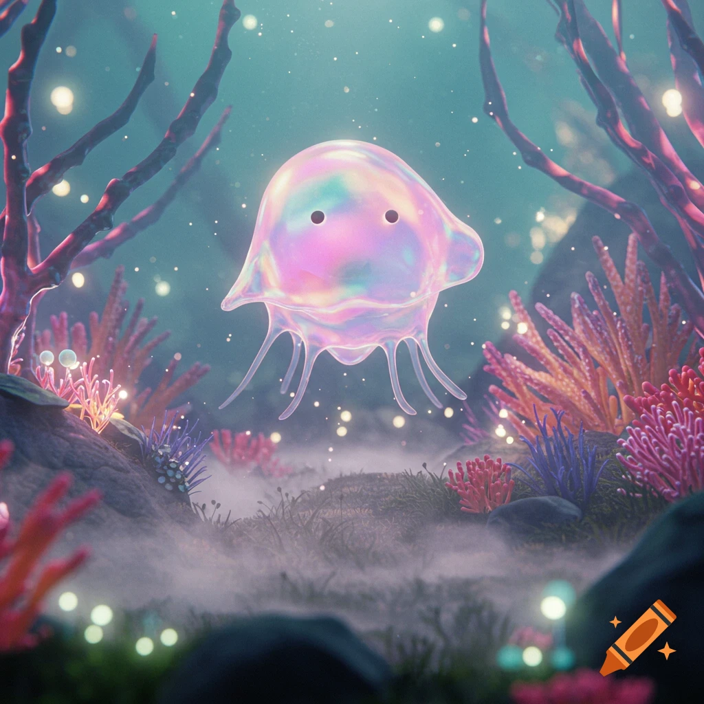 A glowing, translucent, iridescent jellyfish-like creature floats amidst vibrant, glowing coral and plants in a misty, ethereal underwater scene.