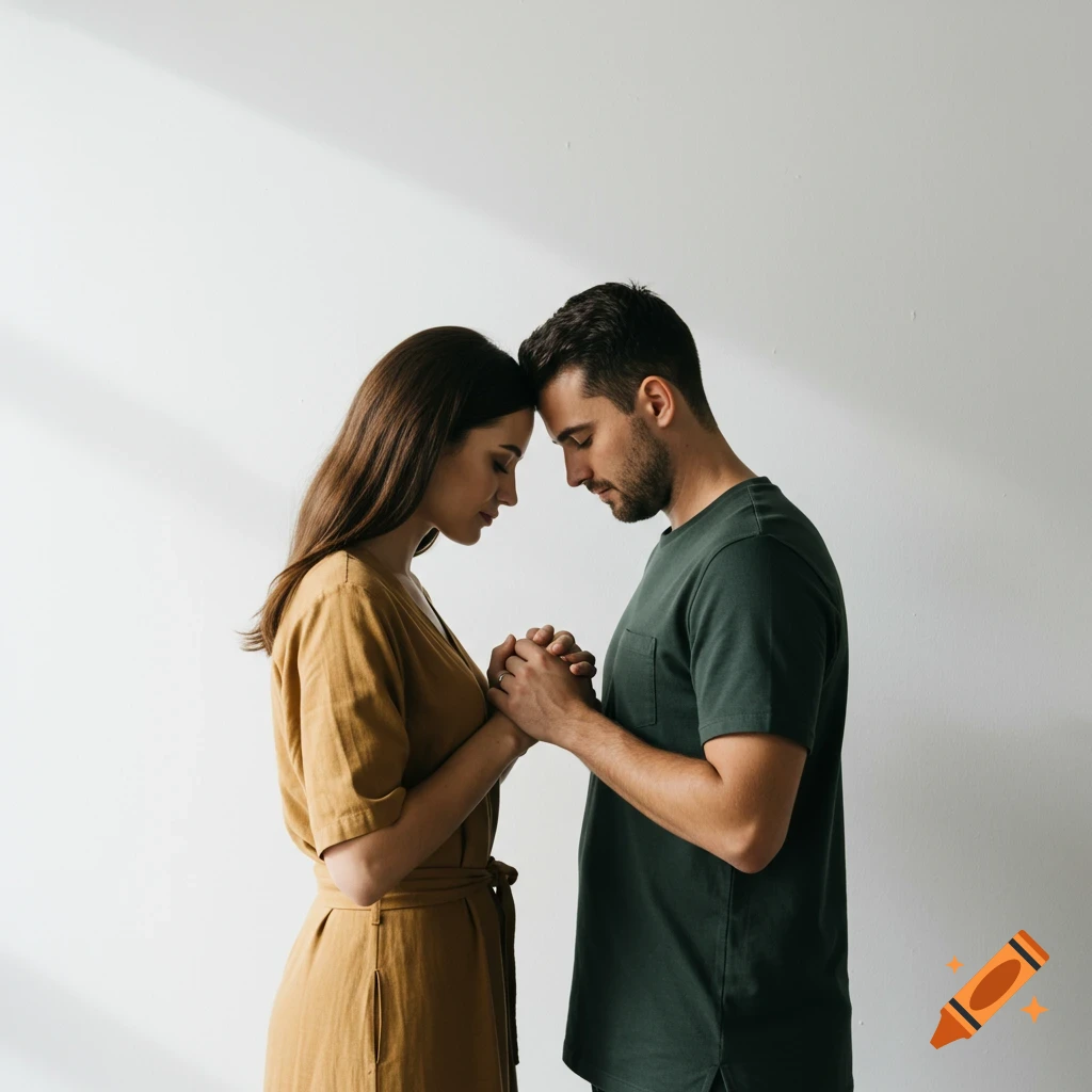 Photorealistic image of a man and woman with their foreheads touching, holding hands, against a white background.