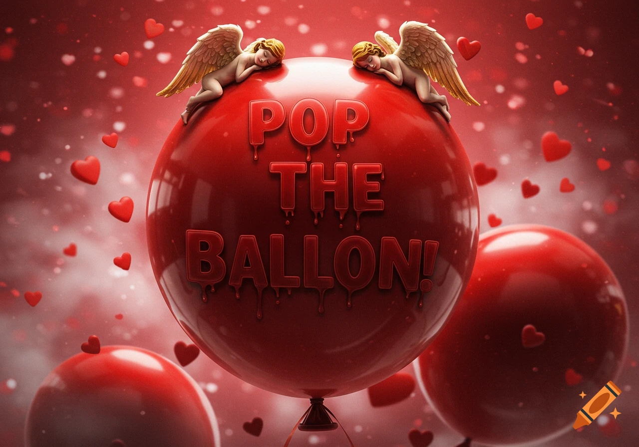 Two cherubic angels rest on a large red balloon with text "POP THE BALLON!", surrounded by floating red hearts and balloons.