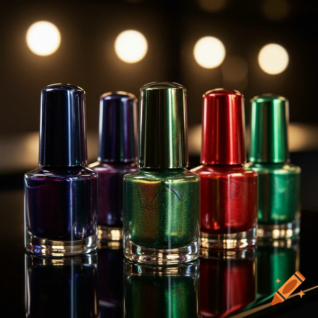 Five metallic nail polish bottles in blue, purple, green, and red, arranged on a reflective surface with blurred lights.