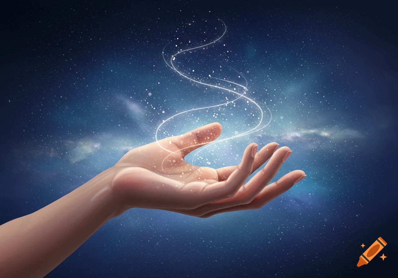 A hand in an upward pose against a blue starry night sky, with white sparkling light and swirling lines emanating from it, creating a magical effect.