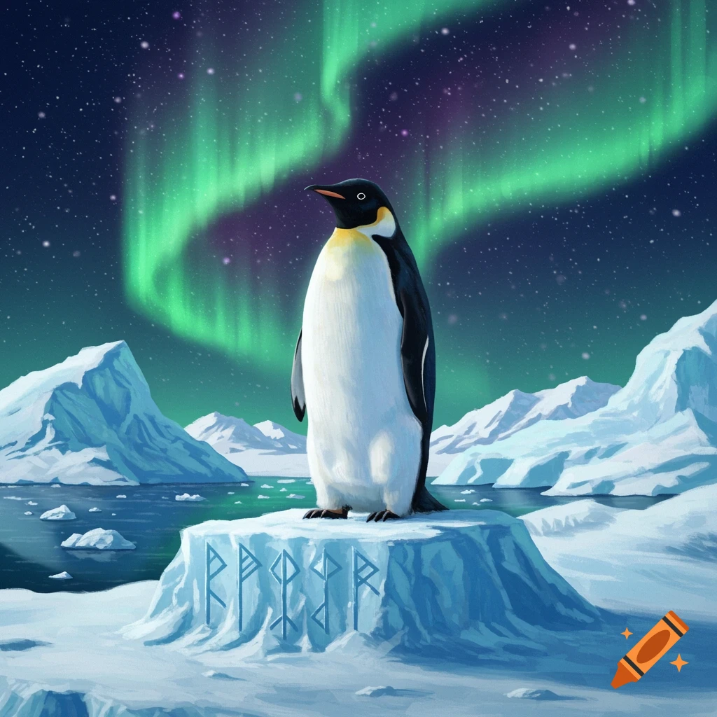 A majestic emperor penguin stands on an ice formation with carved runes, under a vibrant green aurora borealis in the arctic.