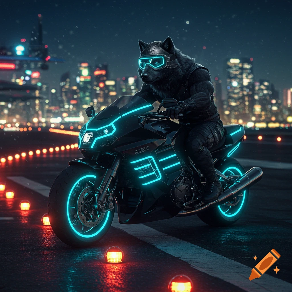 A black dire wolf in futuristic gear rides a neon-blue lit motorcycle on a runway at night, with a cyberpunk city in the distance.
