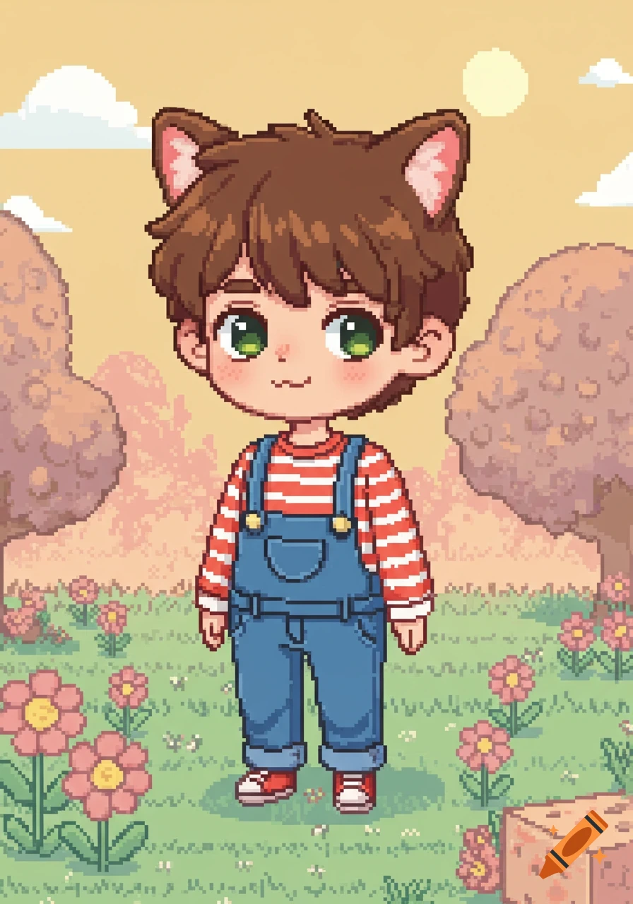 Pixel art of a cute chibi boy with brown hair and cat ears, wearing overalls, standing in a field with flowers under a sunny sky.