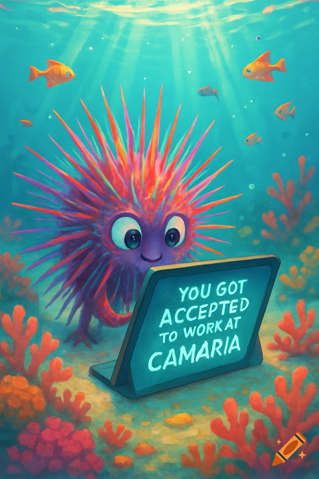 A cute, colorful, spiky sea urchin with big eyes looks happily at a tablet screen displaying glowing text underwater.