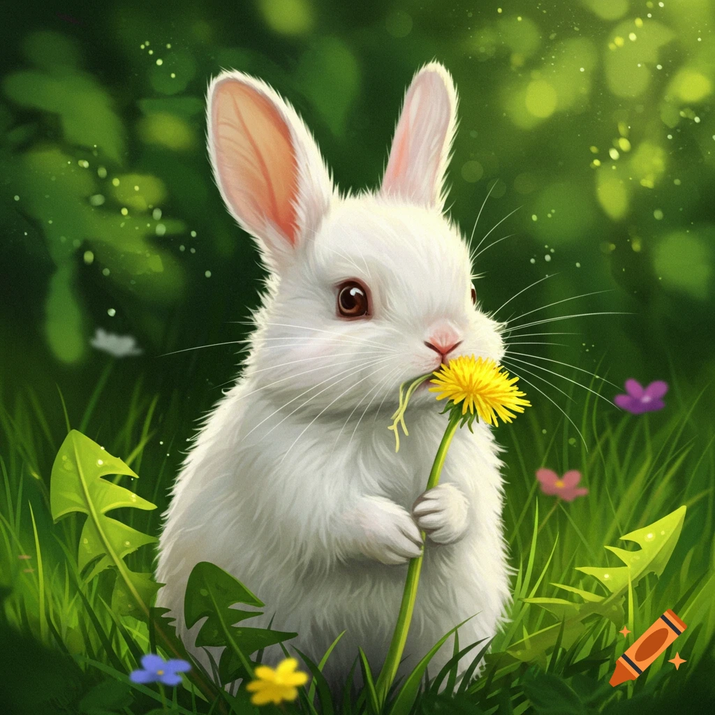 A cute white short-eared bunny with brown eyes sits in green grass, eating a yellow dandelion like spaghetti.