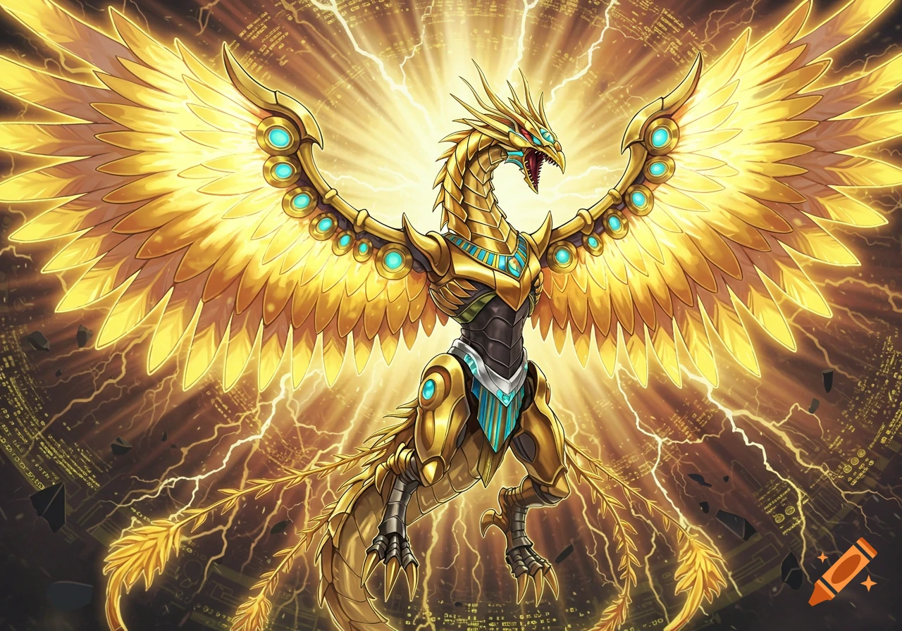 A golden, armored dragon with large wings and glowing blue gems, emanating bright light and lightning against an abstract patterned background.