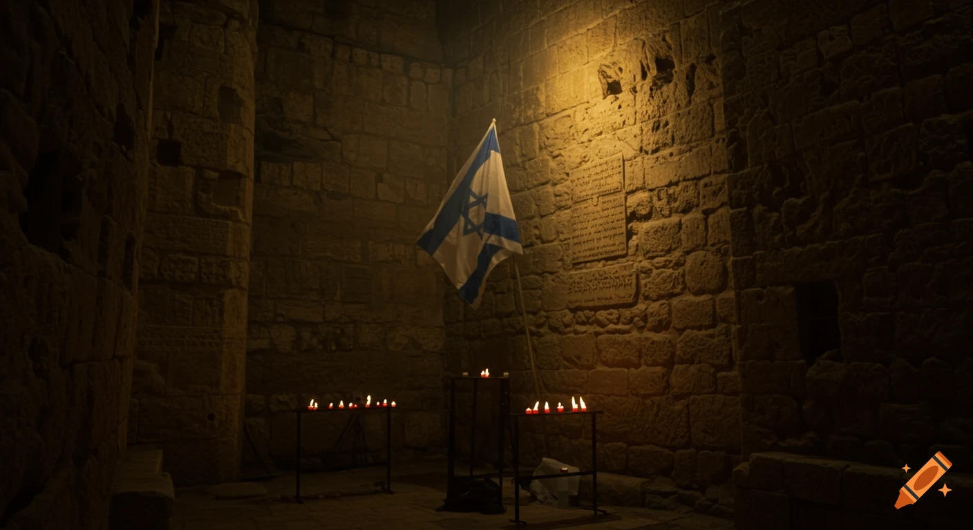 Israeli flag and lit candles in a dark, solemn ancient stone chamber.