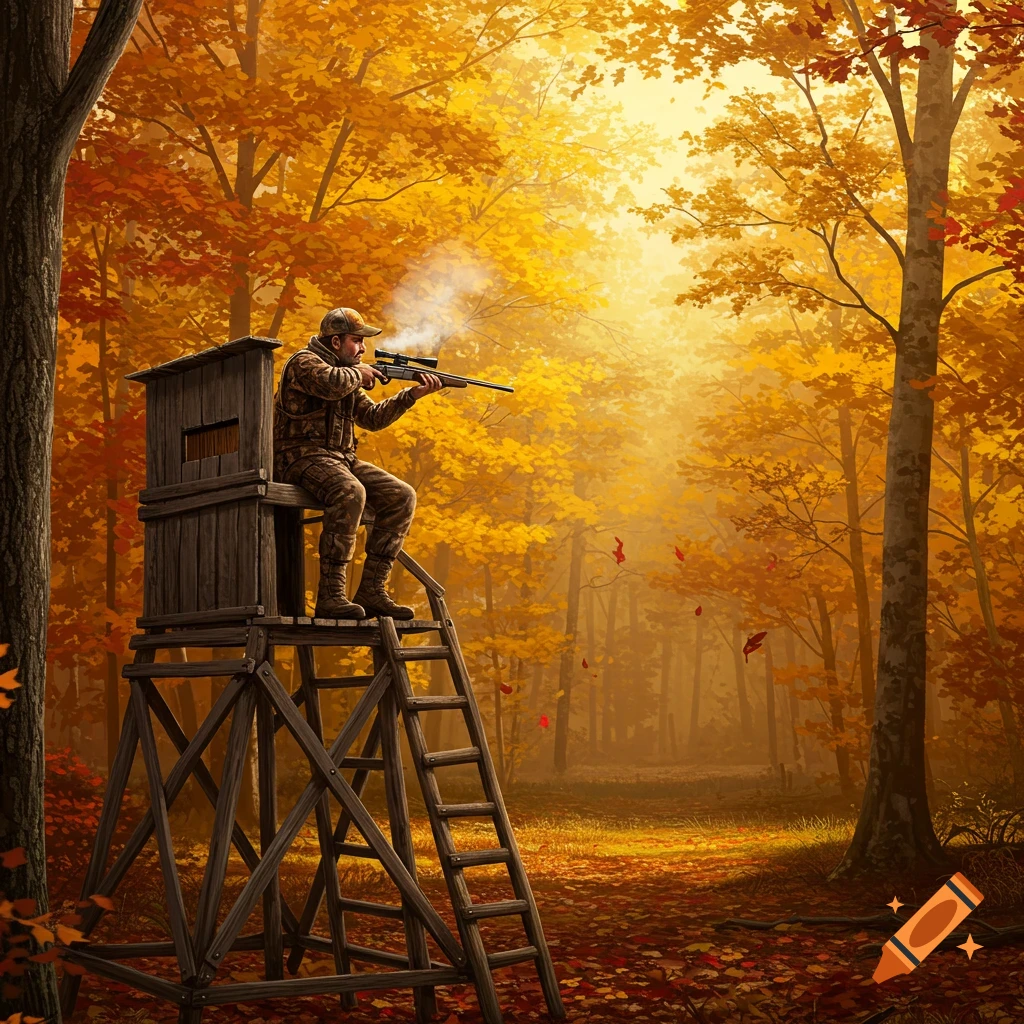 A man in camouflage sits in a wooden deer stand, aiming a rifle into a vibrant autumn forest with golden leaves and sunlight.