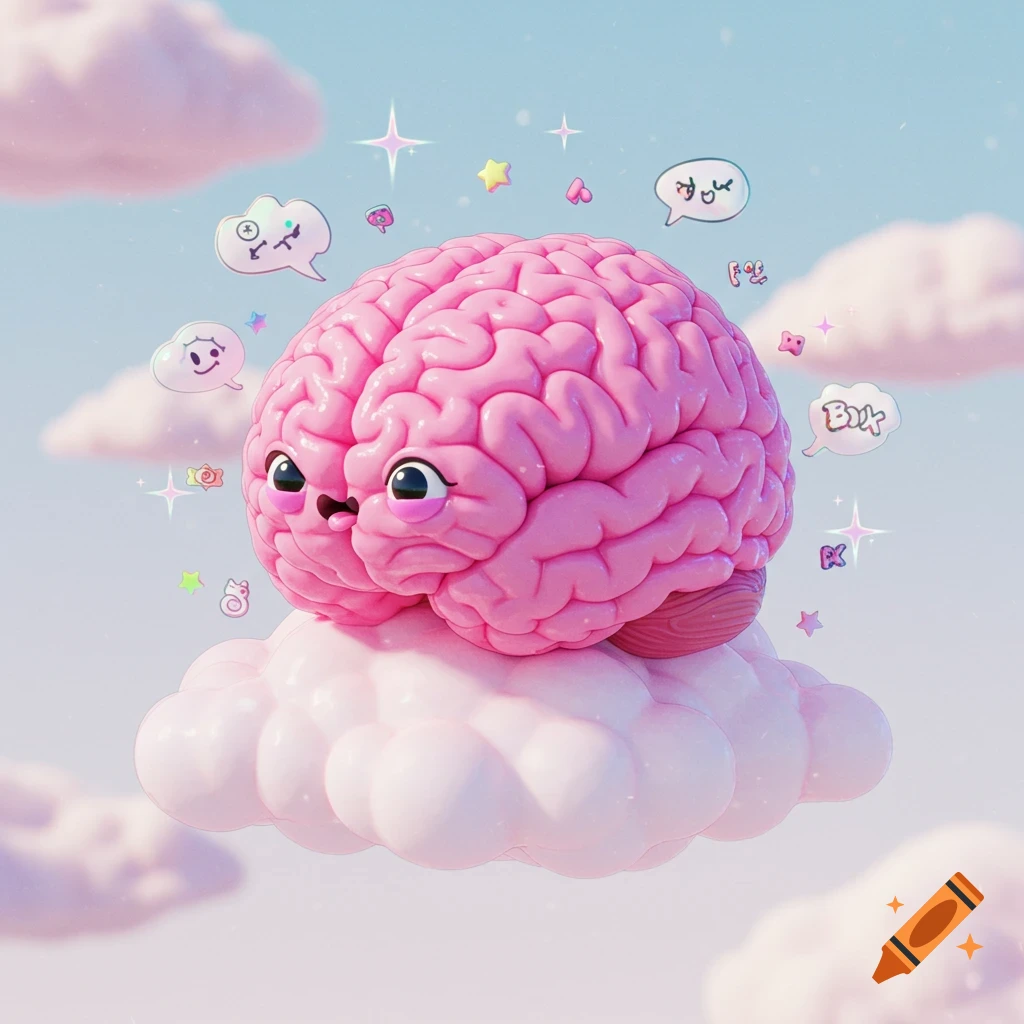 A cute, pink, cartoon brain with large eyes and a smile rests on a fluffy pink cloud in a sky with scattered stars and thought bubbles.