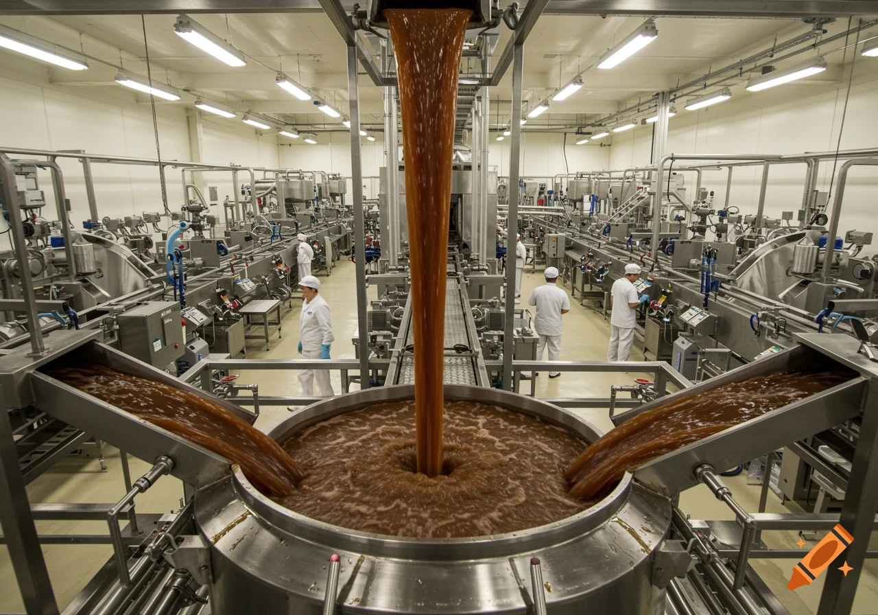 A large, modern food factory with workers and machinery, where dark brown liquid pours into a stainless steel vat.