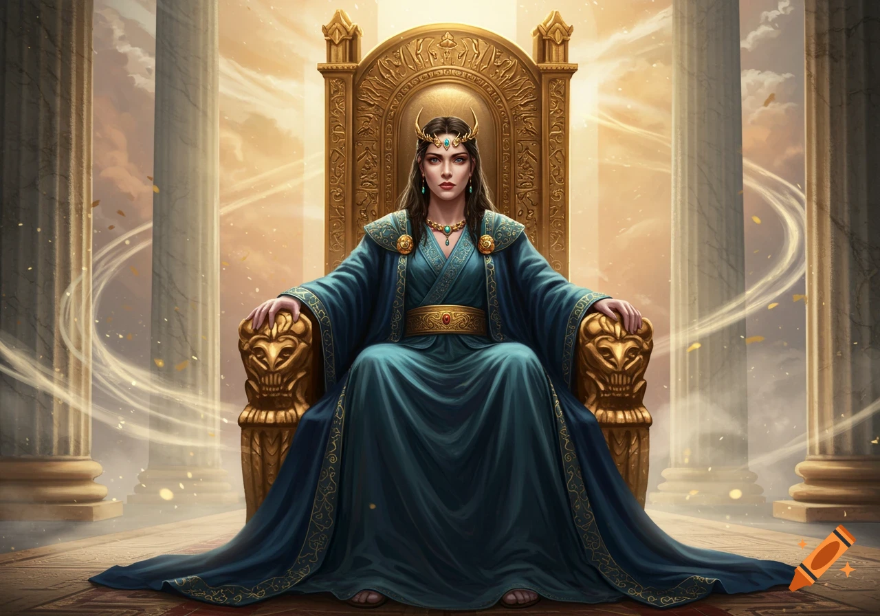 A powerful empress in a teal robe sits on a golden throne with lion-head armrests, against a backdrop of pillars and glowing light.