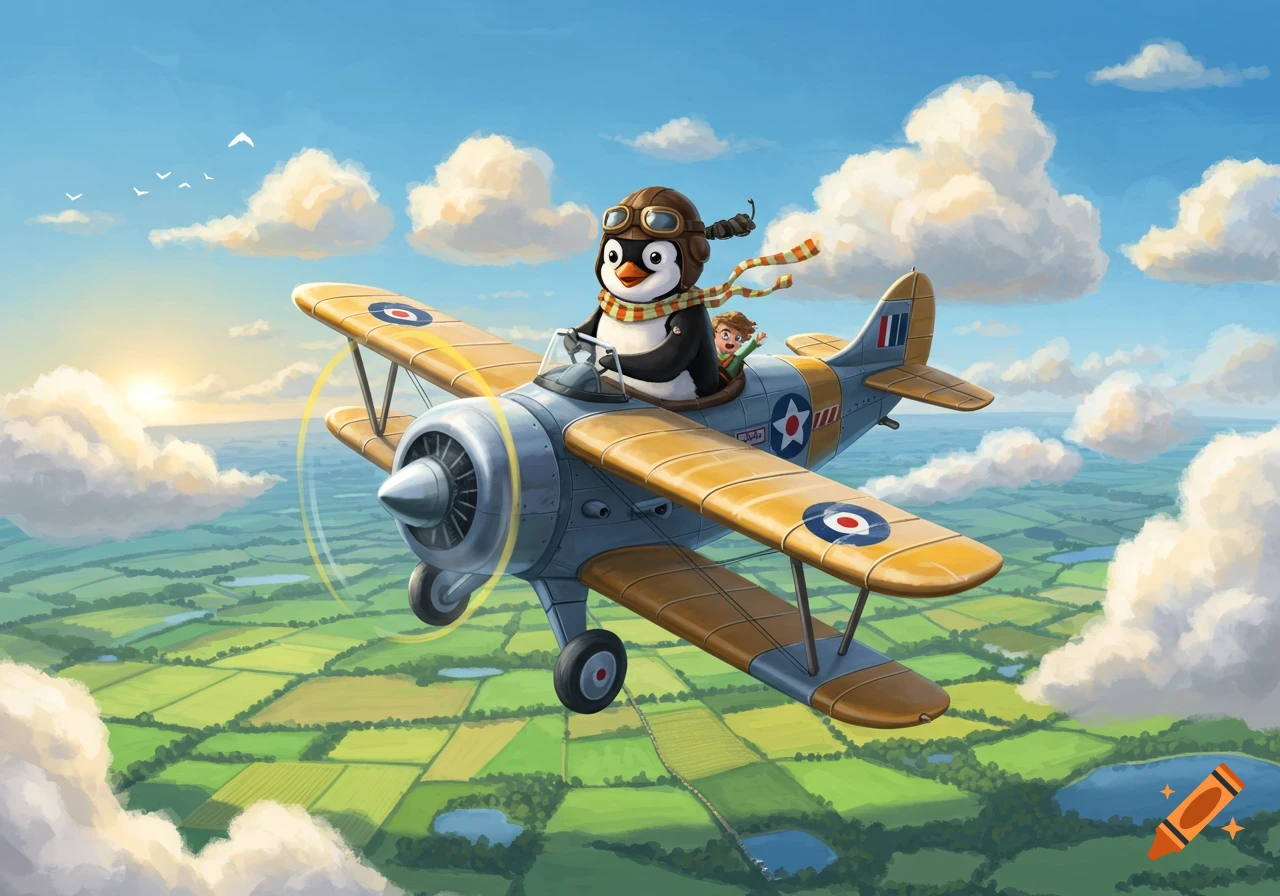 A cartoon penguin in a pilot helmet and scarf flies a biplane over green fields with a child waving in the back under a sunny, cloudy sky.