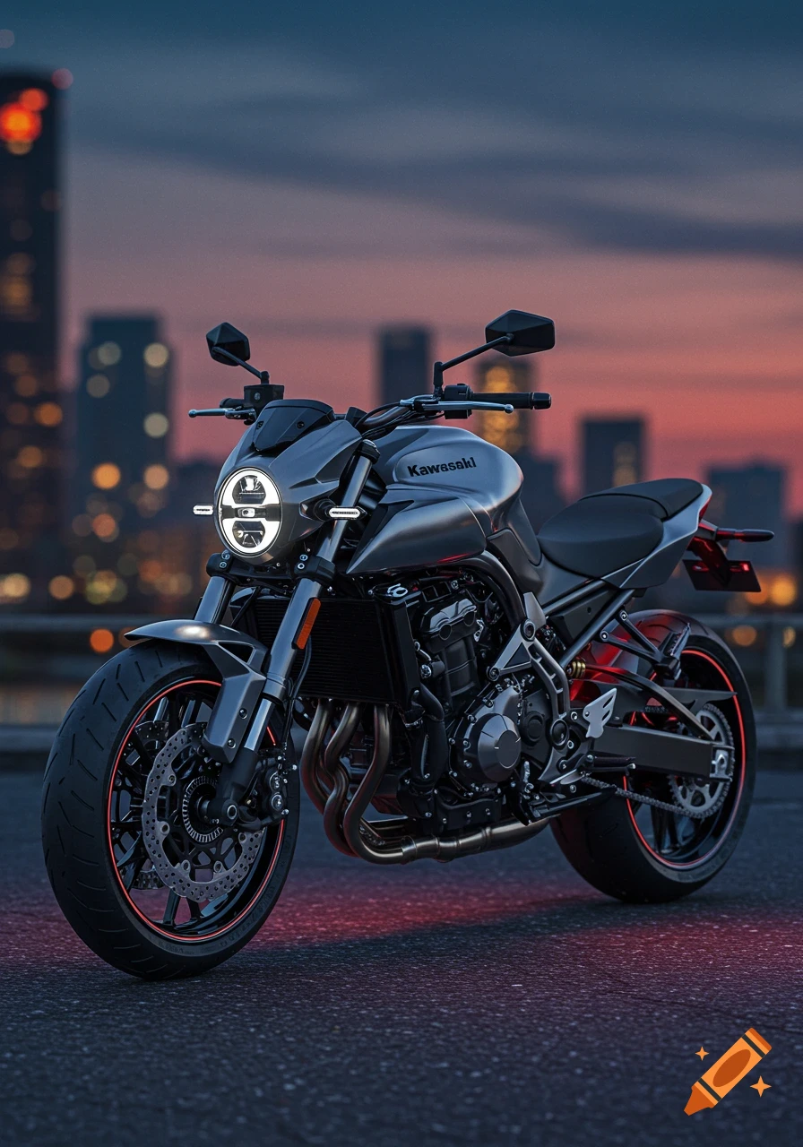A sleek grey Kawasaki naked bike with its headlight on, parked on asphalt with a city skyline at sunset in the background. The bike has red accents on the wheels.