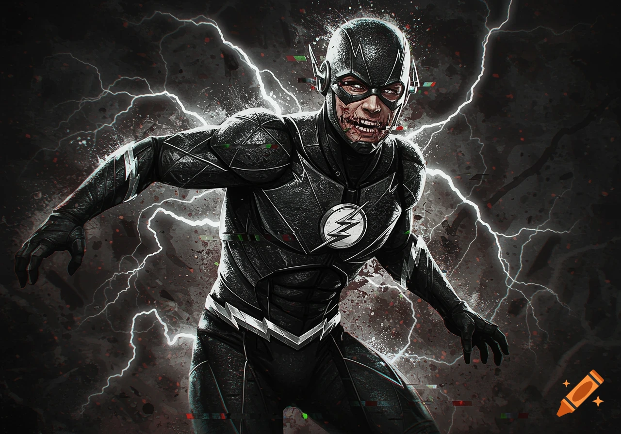 Stylized illustration of a corrupted Black Flash in a black suit with a tattered mask and grotesque face, surrounded by lightning.