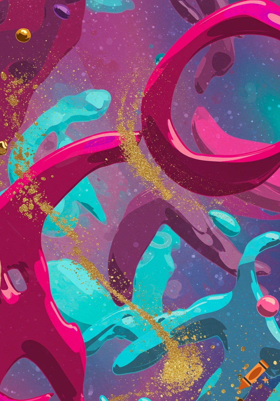 Abstract art with magenta and teal flowing shapes, purple and blue background, and gold glitter.